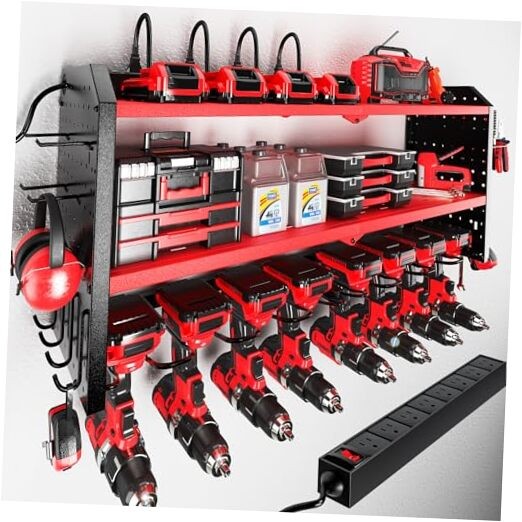 32-Inch Red Power Tool Organizer with 8-Drill Charging Station