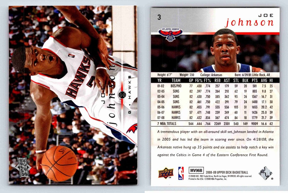 Joe Johnson Guard Atlanta Hawks Upper Deck 200809 Card 3 Sports Memorabilia