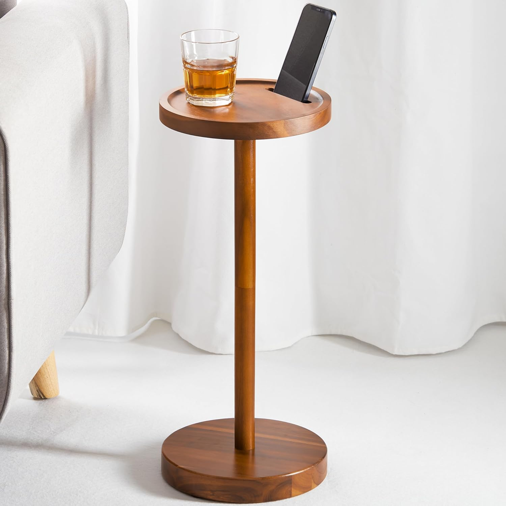 Acacia Wood Pedestal Side Table with Weighted Base for Drinks