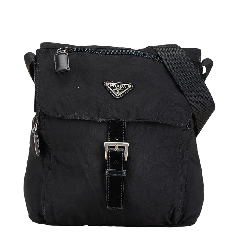 RARE PRADA Black Nylon Leather Shoulder Bag with Triangle Logo Plate