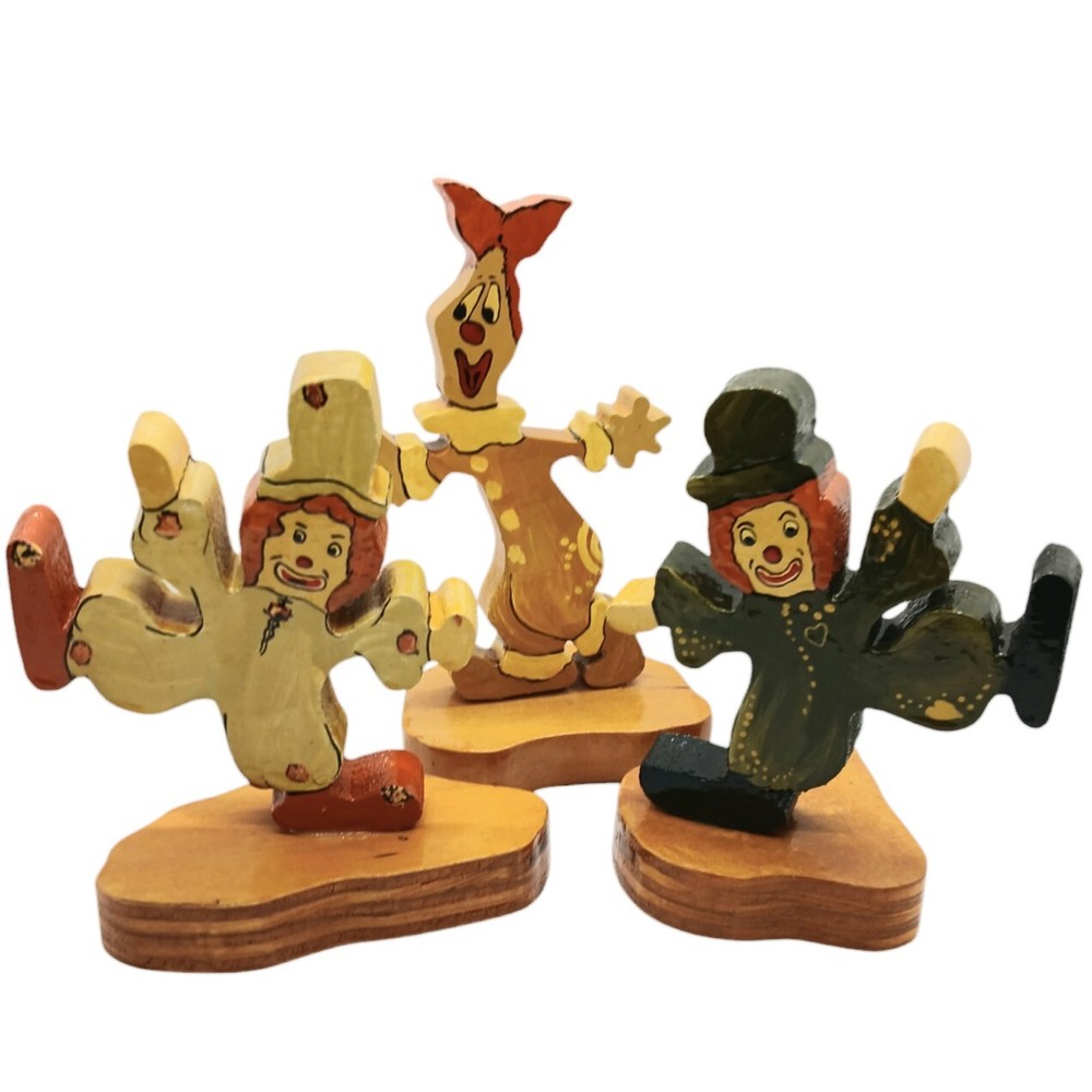 Vintage Kimmons Wood Clown Figurines Set of 3 Special Effects Statues