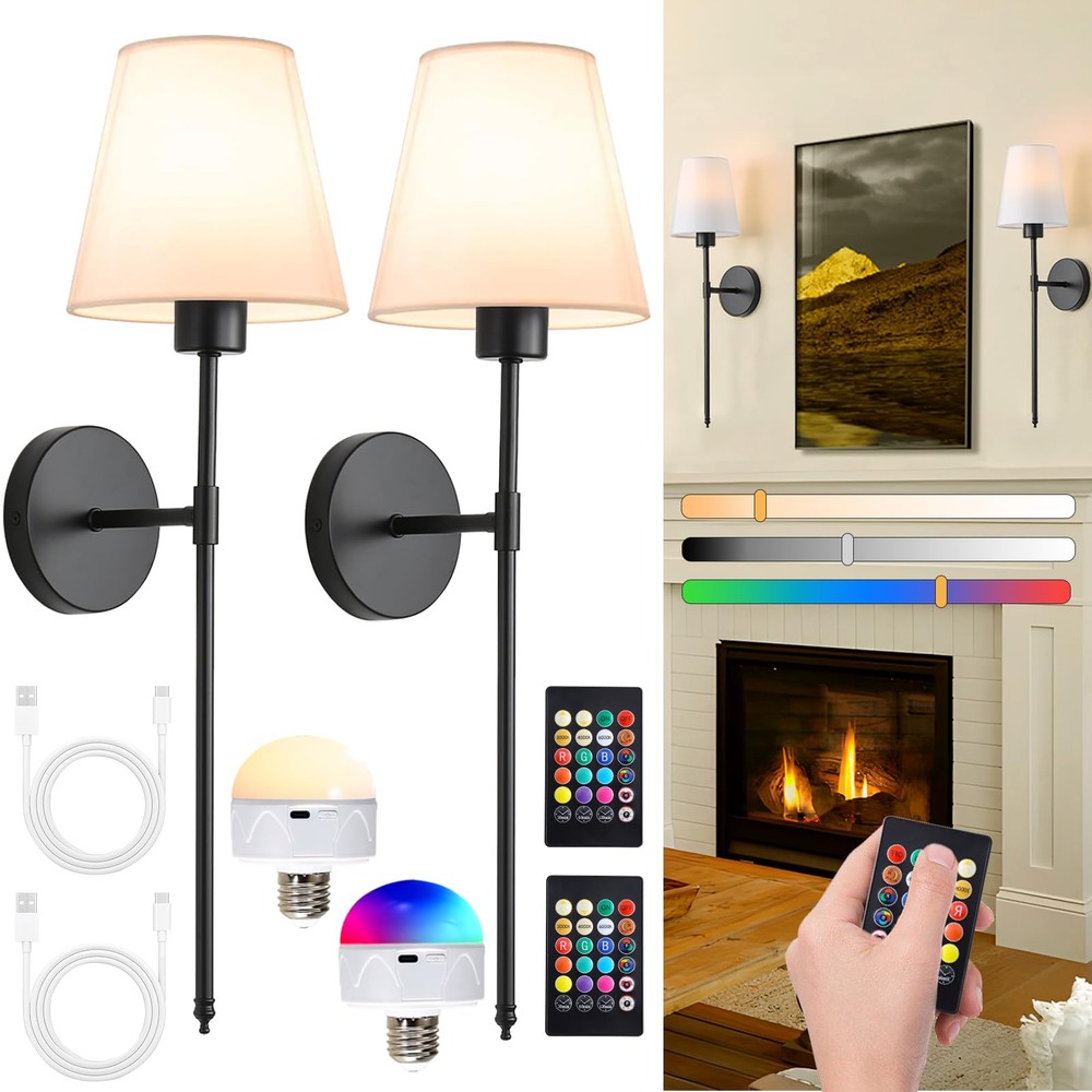 Battery Operated Wall Sconce Set of 2, Black Rechargeable Wall Sconce with Re...
