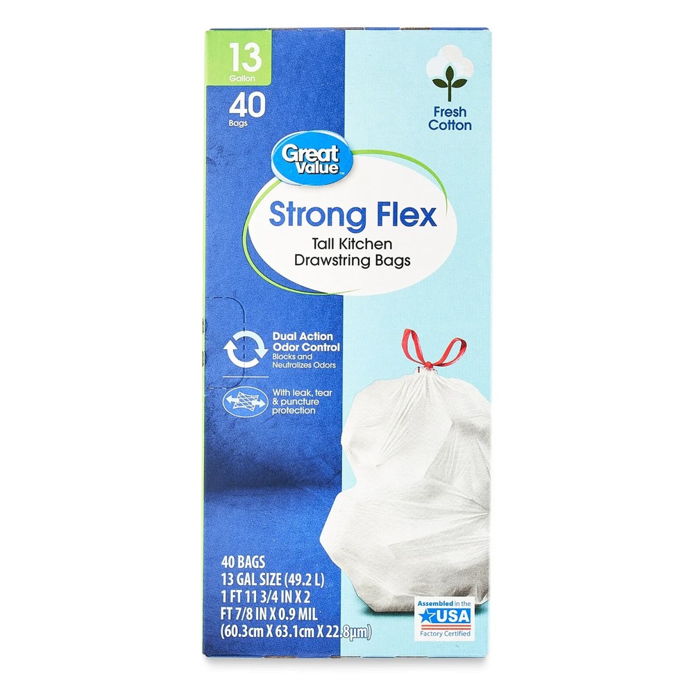 Great Value Strong Flex 13-Gallon Drawstring Tall Kitchen Trash Bags