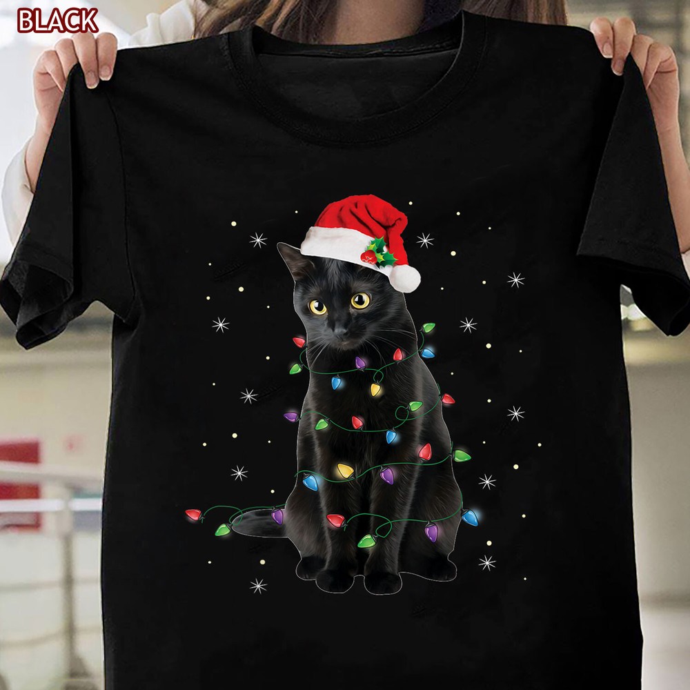 Black Cat Xmas Lights Tee, Cat Mom or Dad Funny Holiday Gift T-Shirt