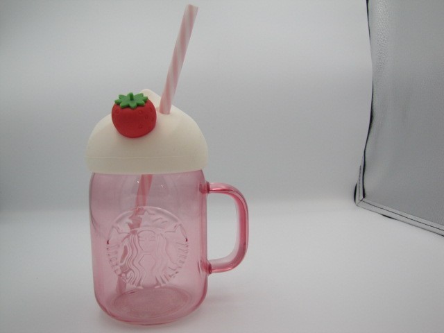 Starbucks 2020 Strawberry Ice Cream Glass Cup 16oz with Whipped Cream Lid & Straw