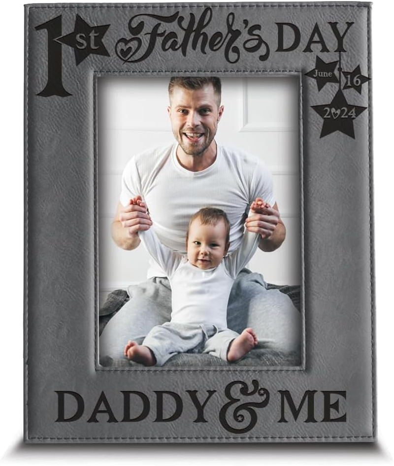 - First Fathers Day Picture Frame- Daddy and Me Frame- Engraved Leather Pictu...-image