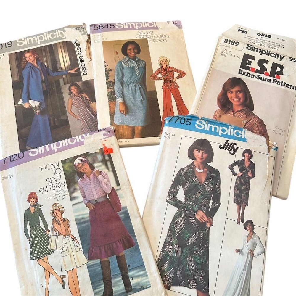 Lot of 5 Vintage 1970s Simplicity Sewing Patterns Dresses Tops Skirts Retro