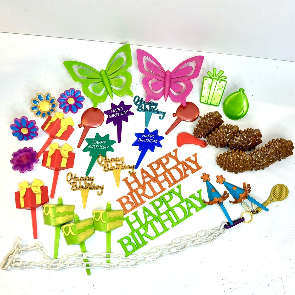 Vintage Plastic Happy Birthday Cake Cupcake Toppers Lot of 34 Party Supplies