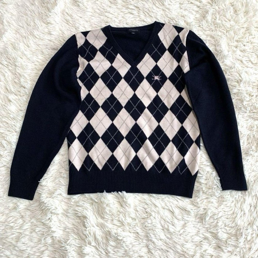Burberry Argyle Knit Sweater Wool 100 Navy Pink Size M - Excellent Condition