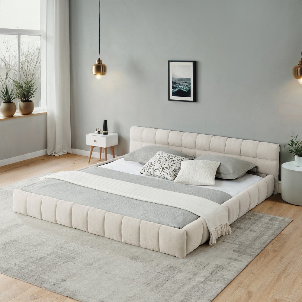 California King Size Upholstered Bed Frame Chenille Fabric Grounded Platform Bed