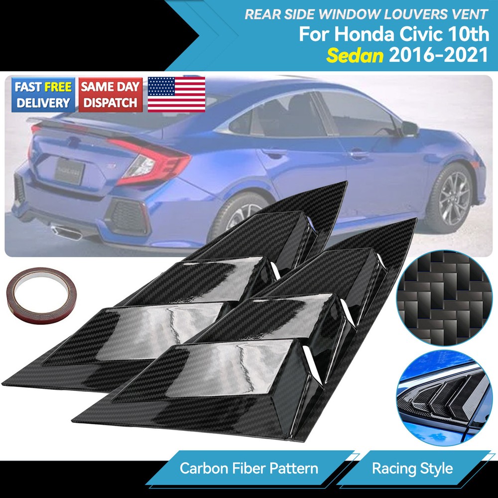 2x Quarter Window Louver Cover Trim For Honda Civic 2016+ Side Vent Carbon fiber