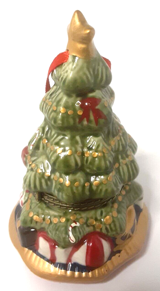 3.5 Inch Ceramic Christmas Tree Trinket Box with Hinge Unmarked Holiday Ornament for Festive Decor