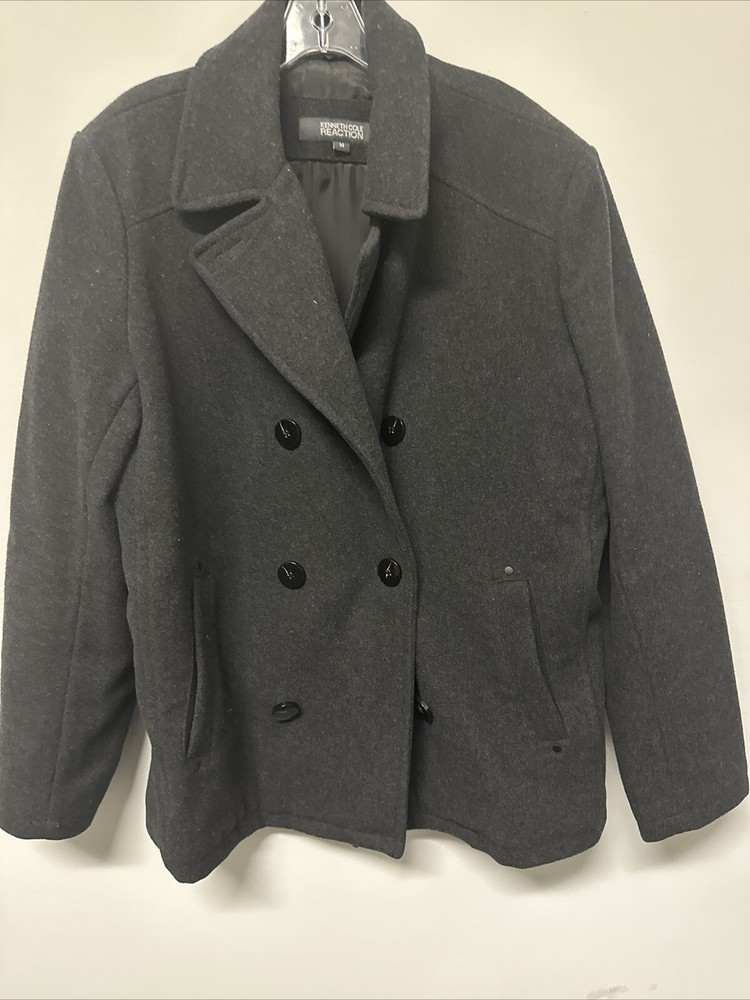 Kenneth Cole Mens Wool-Blend Double Breasted Pea Coat Jacket Size M Black