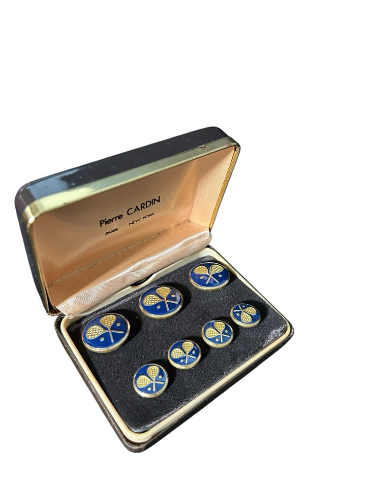 Vtg Pierre Cardin Paris New York Metal Buttons Set Enamel Tennis Rackets Motifs