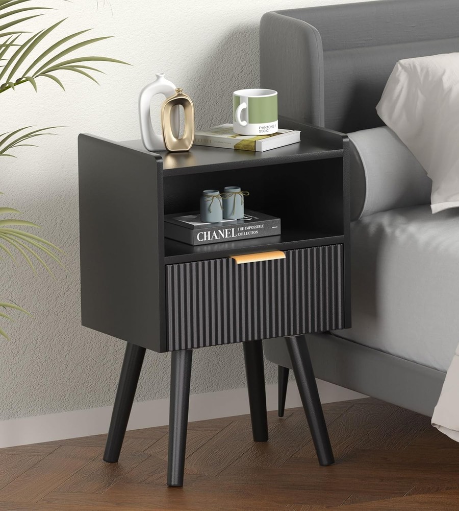 Modern Black Nightstand with Drawer and Open Shelf for Bedroom