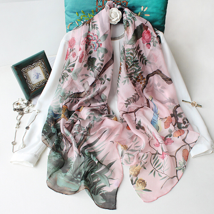 100% Chiffon Silk Wrap Scarf Sarong Beach Hand rolled Floral Birds Thin 140cm