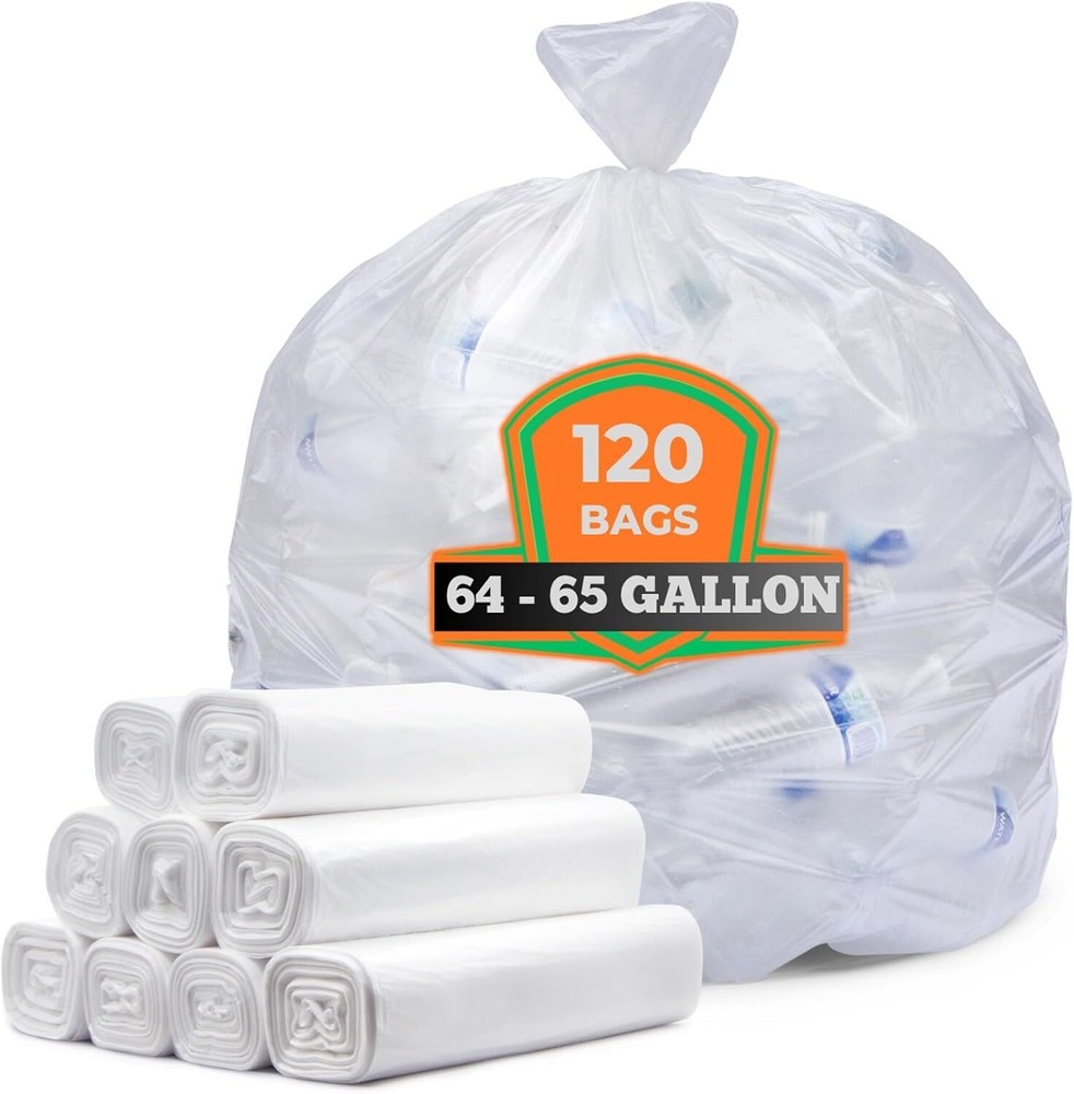 64-65 Gallon Clear Trash Bags, 120 Count Bulk Large Clear Trash Bags
