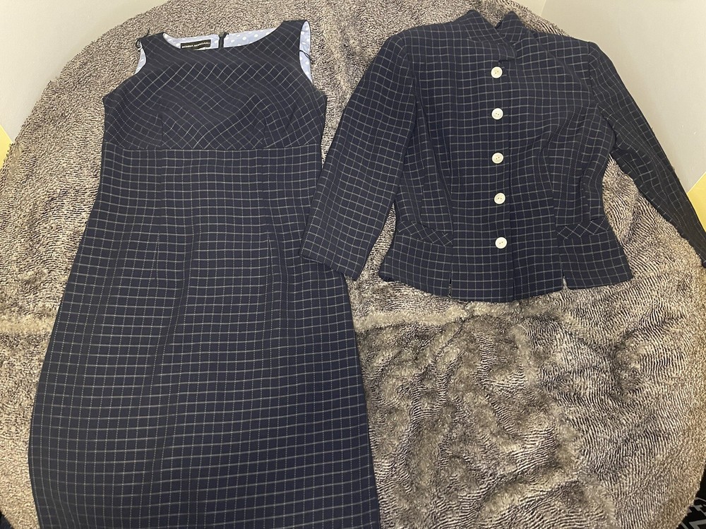 Donna Morgan Women's Size 6 Blue White Plaid Lined 5-Button Blazer Dress Set