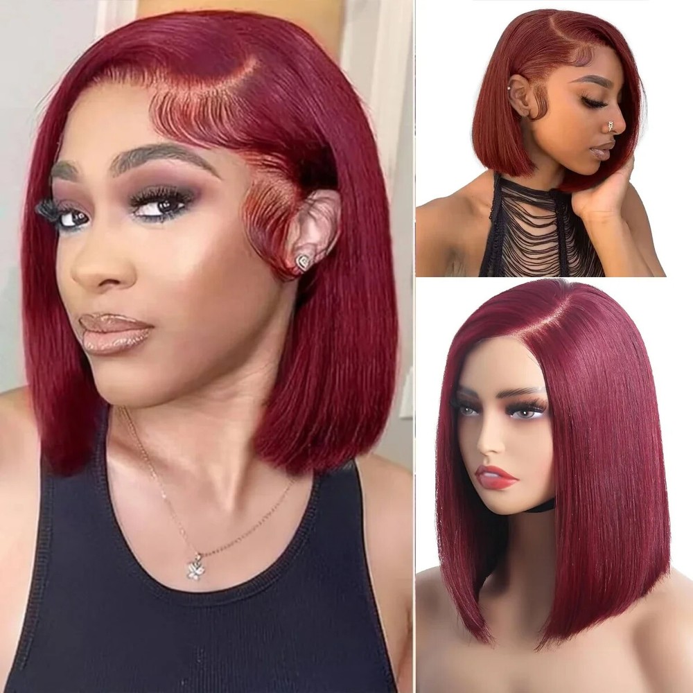 Burgundy Red 99J Blonde Side Part Straight Short Bob Human Hair Lace Wig