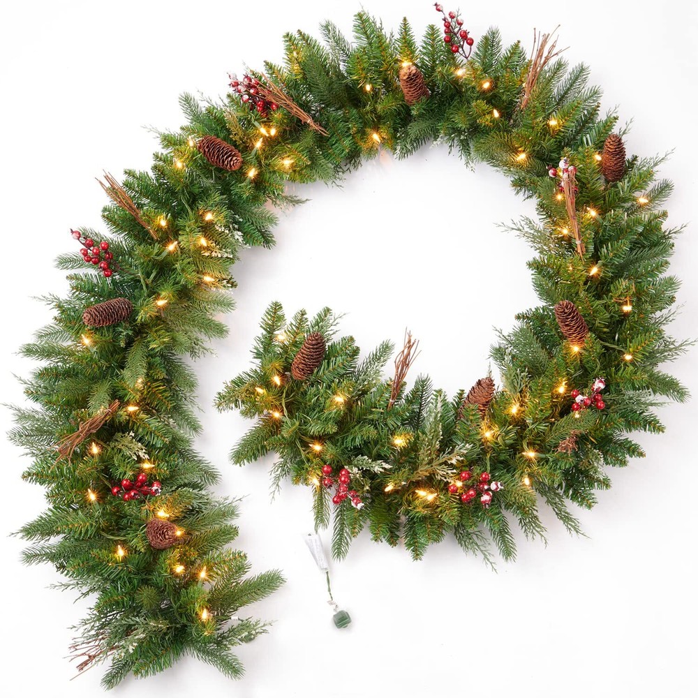 9Ft Pre-lit Christmas Garland 50 Lights, Plug in, Holiday Decoration Fireplac...