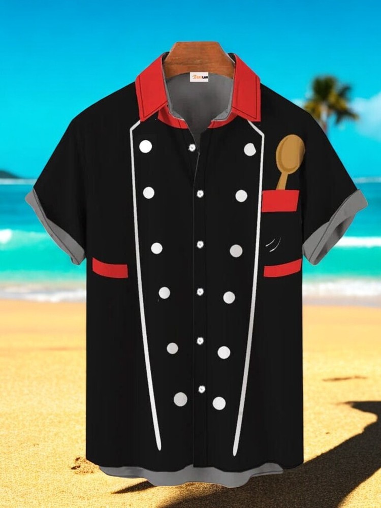 Black Chef Uniform Hawaiian Shirt For Men US Size Summer Style Short Sleeve