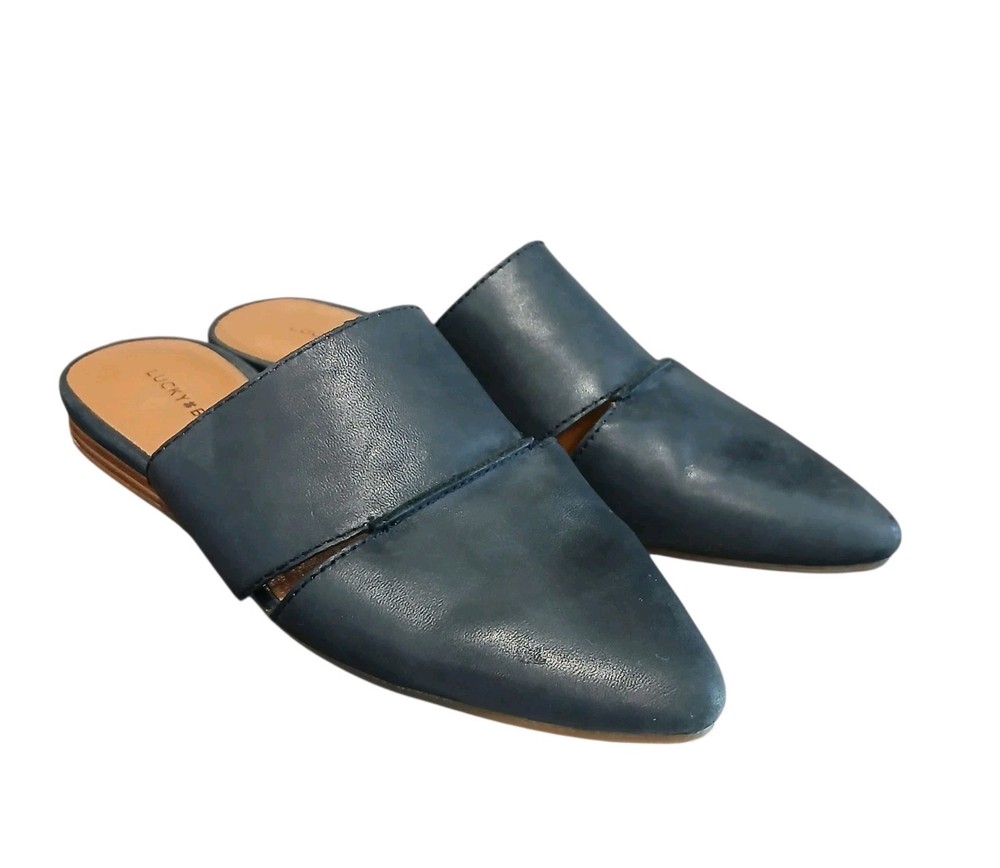 Lucky Brand Women's Solid Black Mules Pointed Toe Leather Flat Slip On Shoes 7