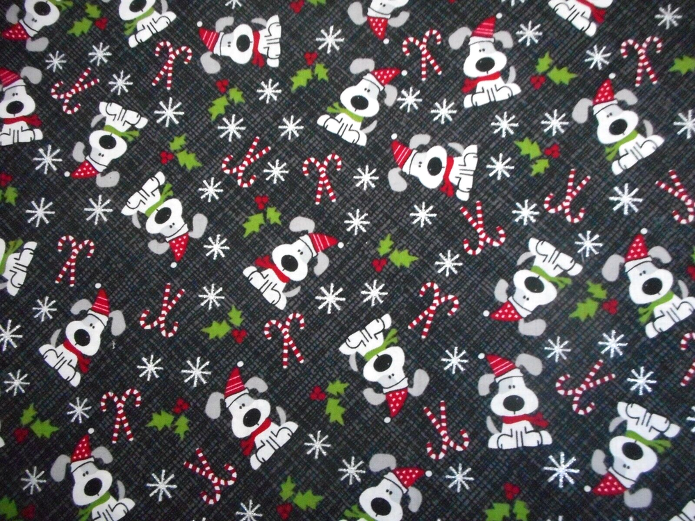 Cotton Fabric 1/2 Yard Christmas Puppy Dogs Metallic Silver Snow Black Gray #37
