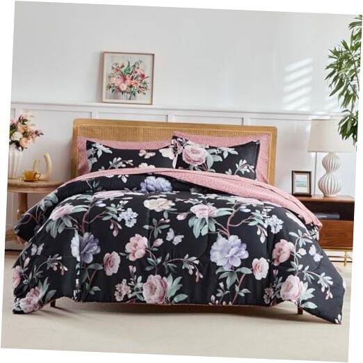 Bed in a Bag Queen, 7 Piece Floral Comforter Sheet Queen-7pieces Floral Black