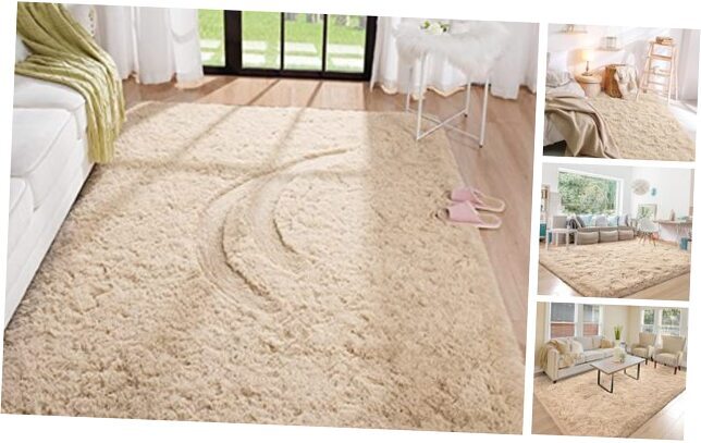 Fluffy 4x6 Plush Area Rug for Bedroom or Living Room in Soft Light Tan