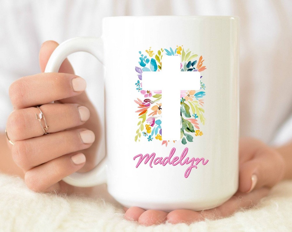 Personalized Cross Coffee Mug Watercolor Floral Cross With Personalized Name Mug