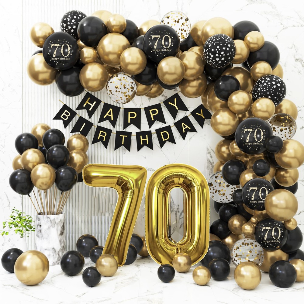 70th Birthday Decorations Black Gold Theme for Men and Women