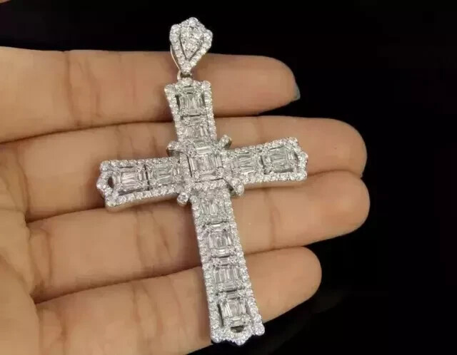 2.00Ct Baguette Cut Lab Created Diamond Cross Pendant 14K White Gold Plated