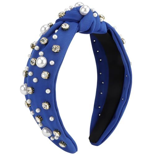 Knotted Headband Women Pearl Rhinestone Headband Wide Top Knot Royal Blue