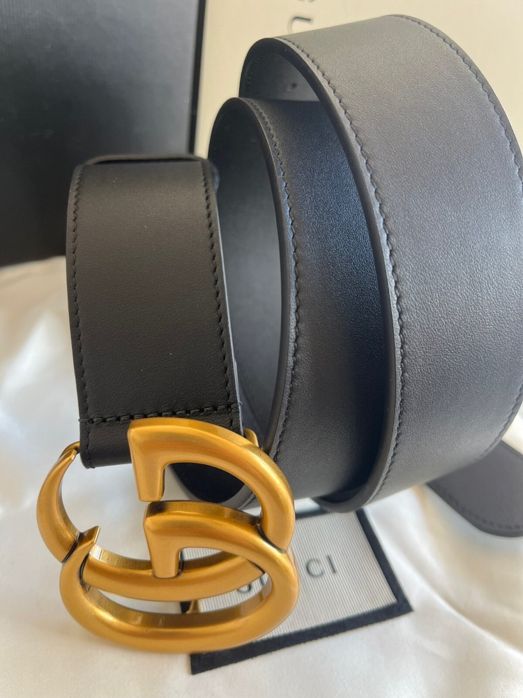 GUCCI Black Leather Belt with Double GG Buckle Size 90 cm Fits 30-32 Waist