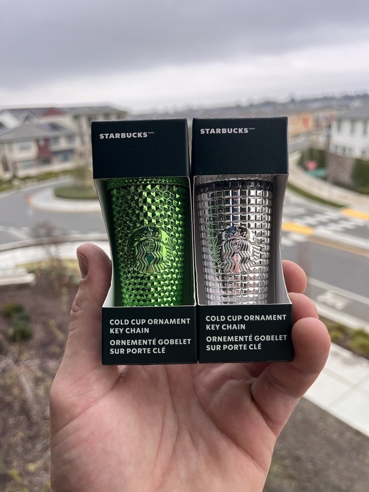 2023 Starbucks Silver Green Chrome Studded Cold Cup Keychain Christmas Ornament  