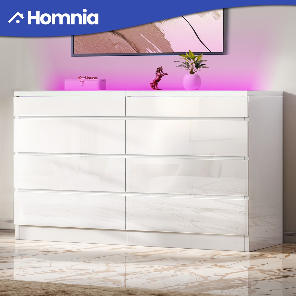 8 Drawer LED Chest of Drawers Dresser Vanity Cabinet White Storage Space Bedroom