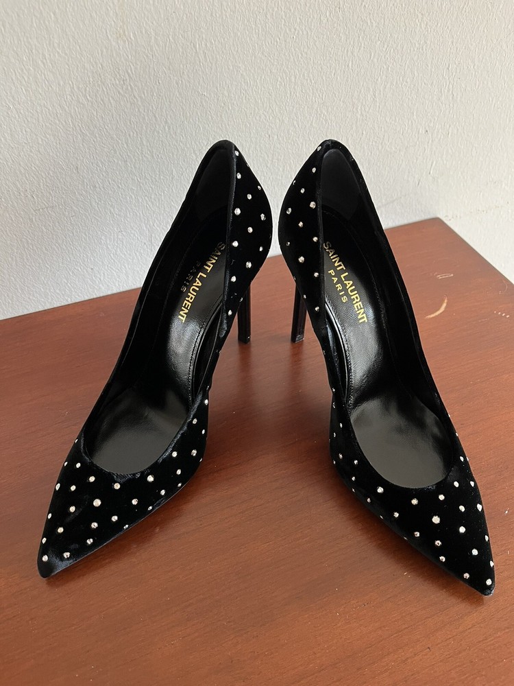YSL Saint Laurent Paris Black Velvet Crystal Embellished Heels