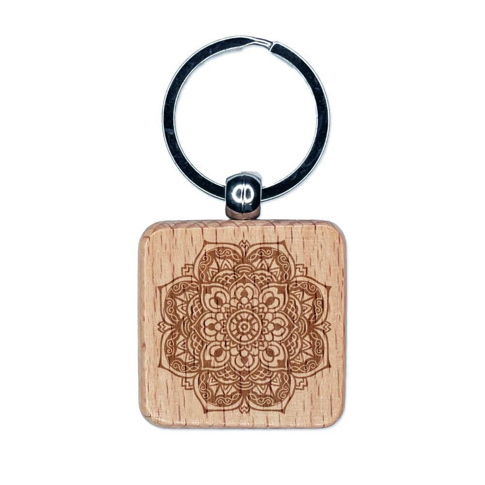 Mandala Geometric Flower Engraved Wood Square Keychain Tag Charm
