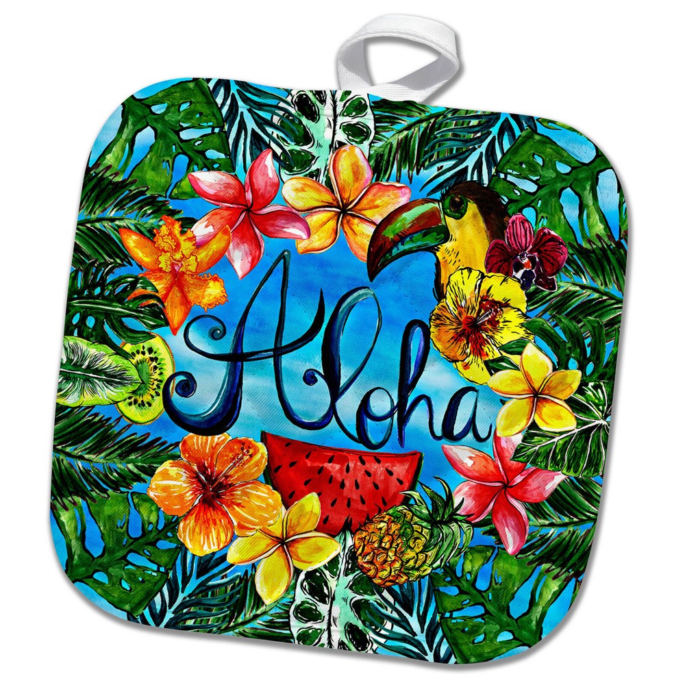 3dRose Aloha Colorful Trendy Palm Leaves Jungle Tropical Hawaii Typography 8x8 P
