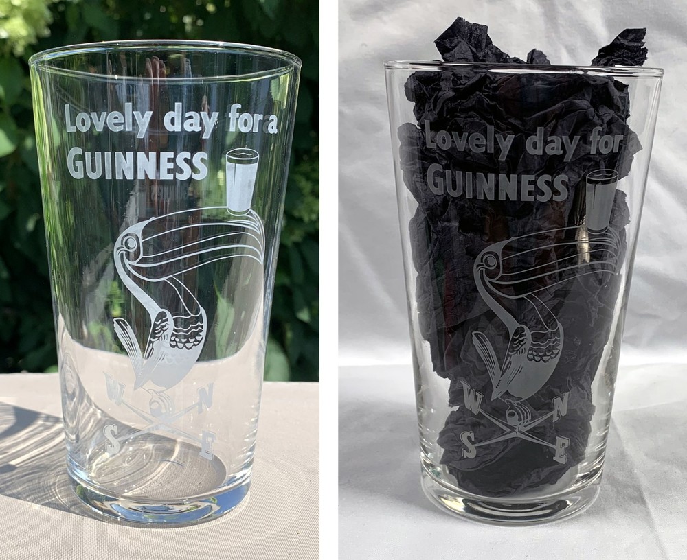 Lovely Day Guinness Beer Pint Glass 18 oz Etched Toucan Logo