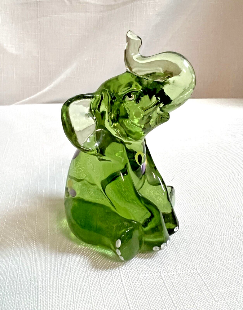 Lenox Fenton Fern Elephant Hand Painted Green Art Glass Signed