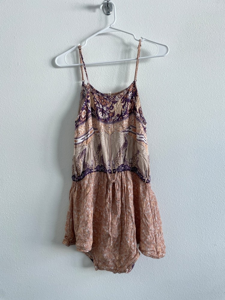 Spell & Gypsy Romper Women M Beige Purple Floral Paisley Play Drawstring Boho