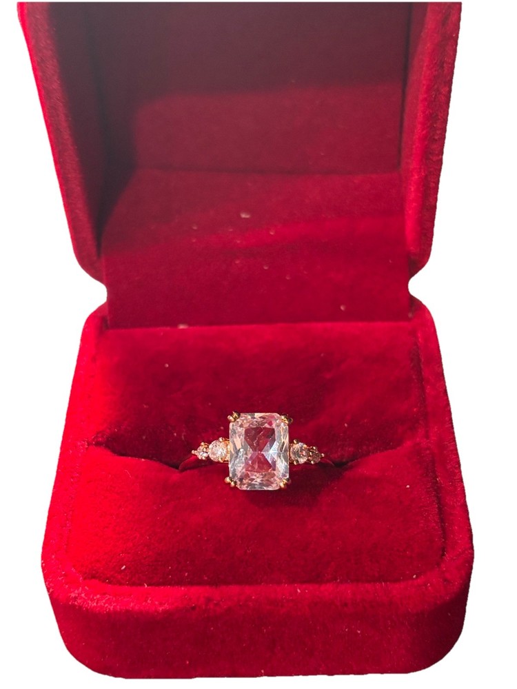 Yellow Gold Ring Emerald Diamond Pink Stone Prong Setting Rectangle Size 7