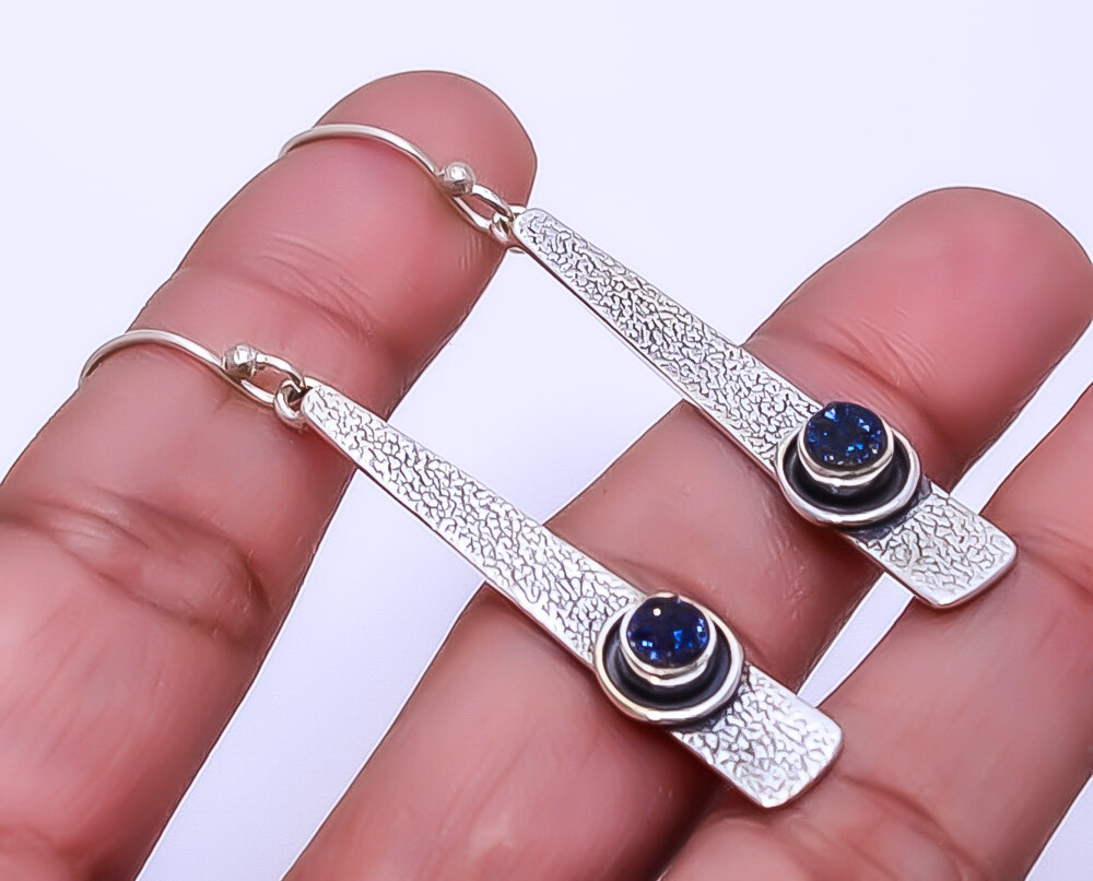 Electric Blue Titanium Agate Drusy Handmade 925 Sterling Silver Earring 2.34