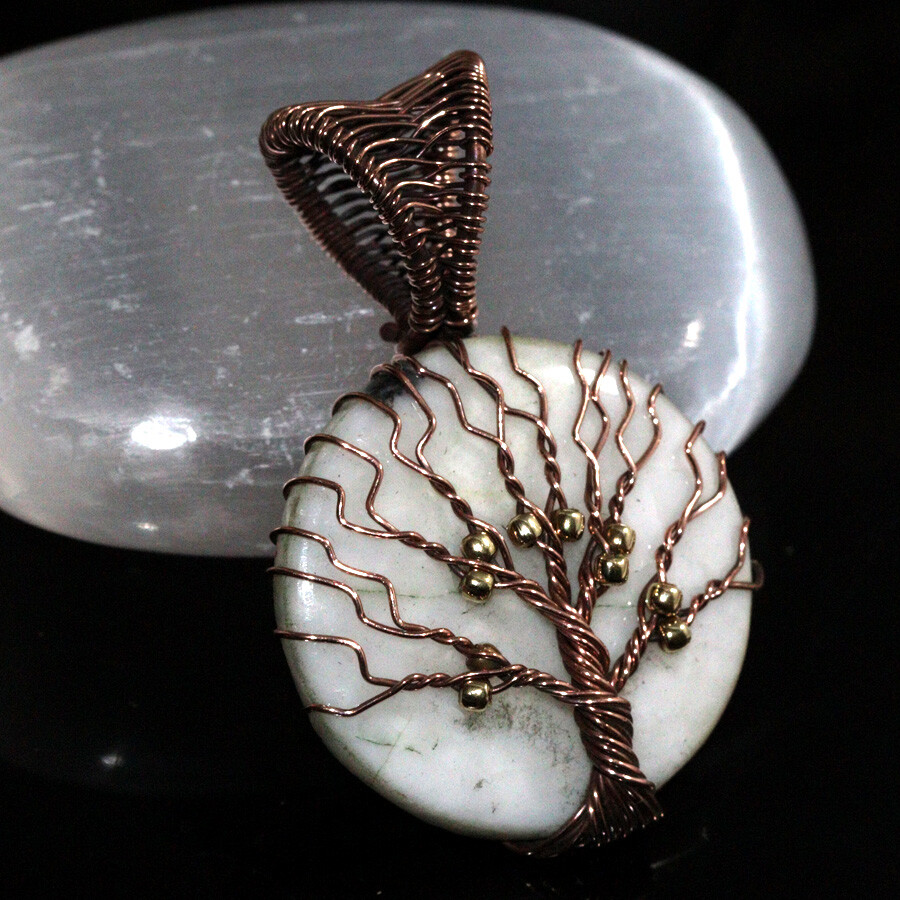 Dendritic Opal Copper Wire-Wrapped Round Pendant Jewelry Size 1.8
