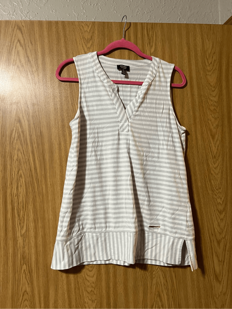 Jones New York Womens Large V-Neck Striped White Grey Tank Top