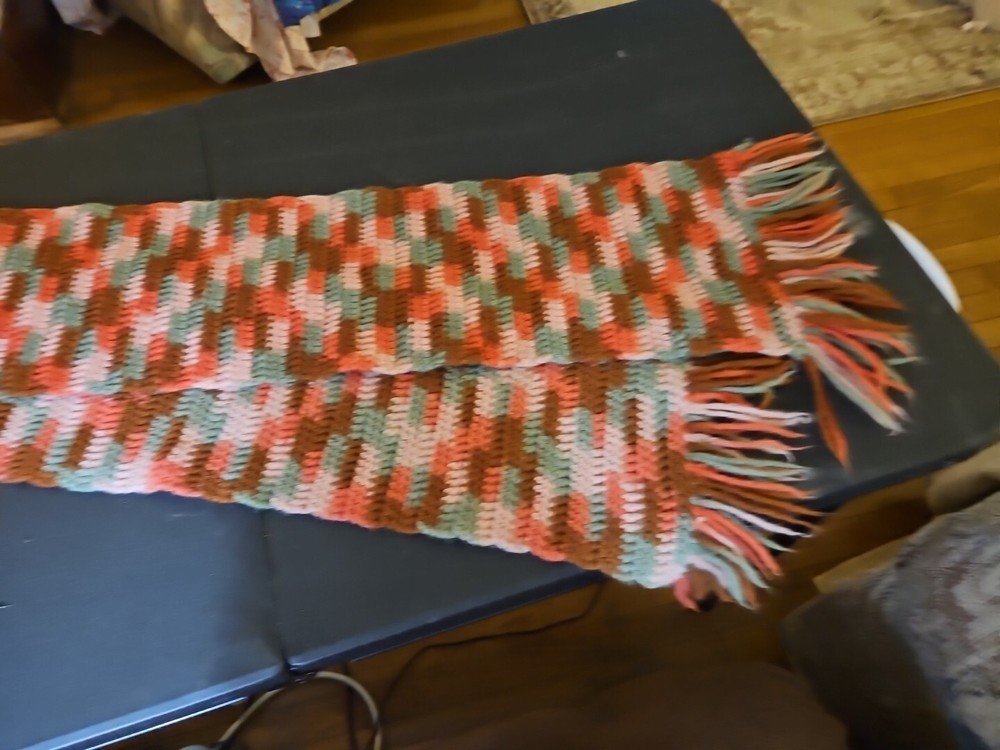 Vintage 70s Knit Scarf Brown Green Peach Winter Snow 60 Inch Long