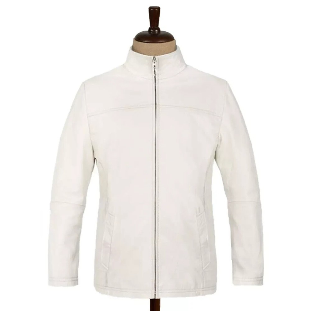 Men's White Real Leather Motorcycle Biker Lambskin Leather Casual Zipper Jacket