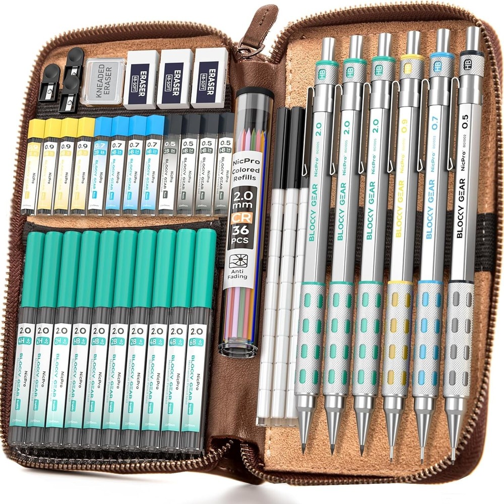 Versatile Mechanical Pencil Kit - 40PCS with Detailed Leads and Leather Storage