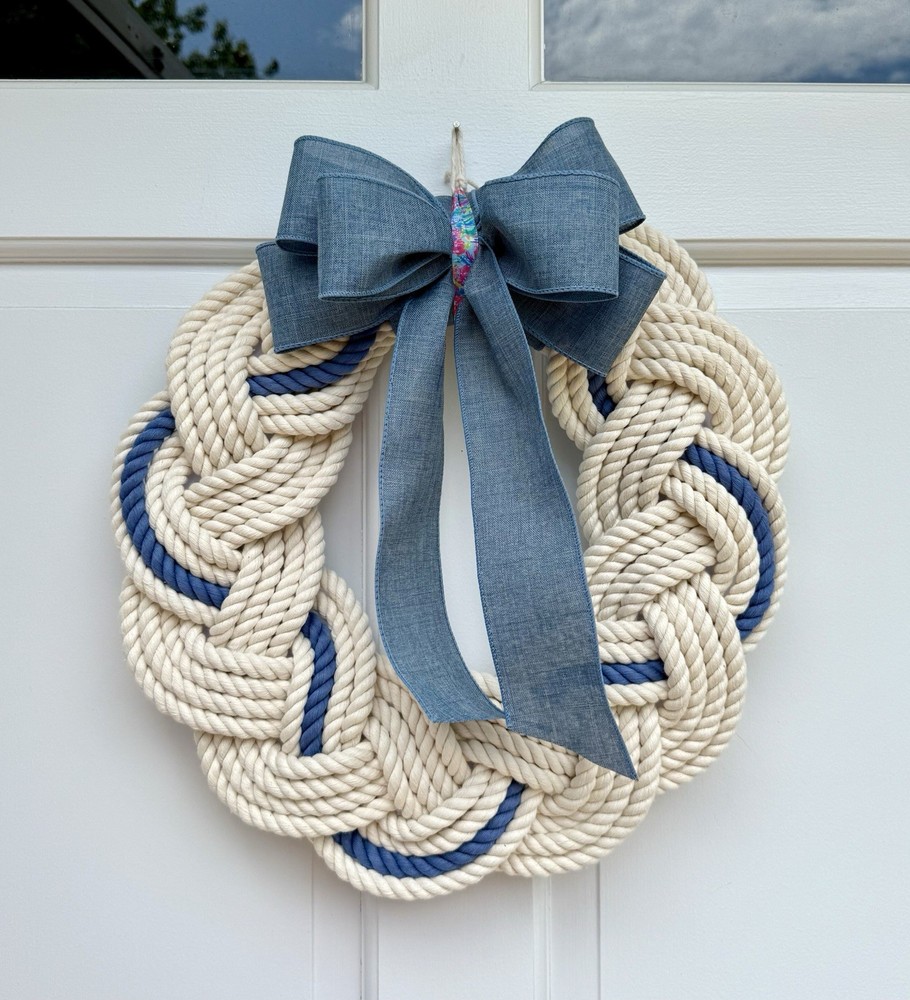16-Inch Nautical Denim Blue White Rope Wreath for Coastal Decor